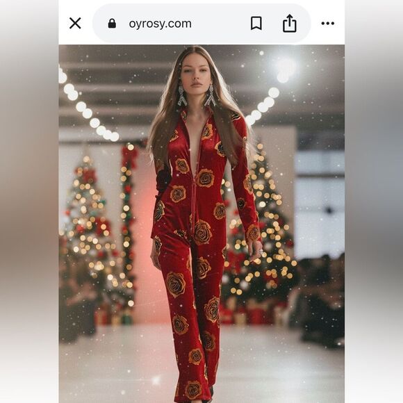 Oyrosy Pants - Oyrosy Elegant Red Floral Rose Velvet Zip up  Long Sleeve  Retro Jumpsuit M